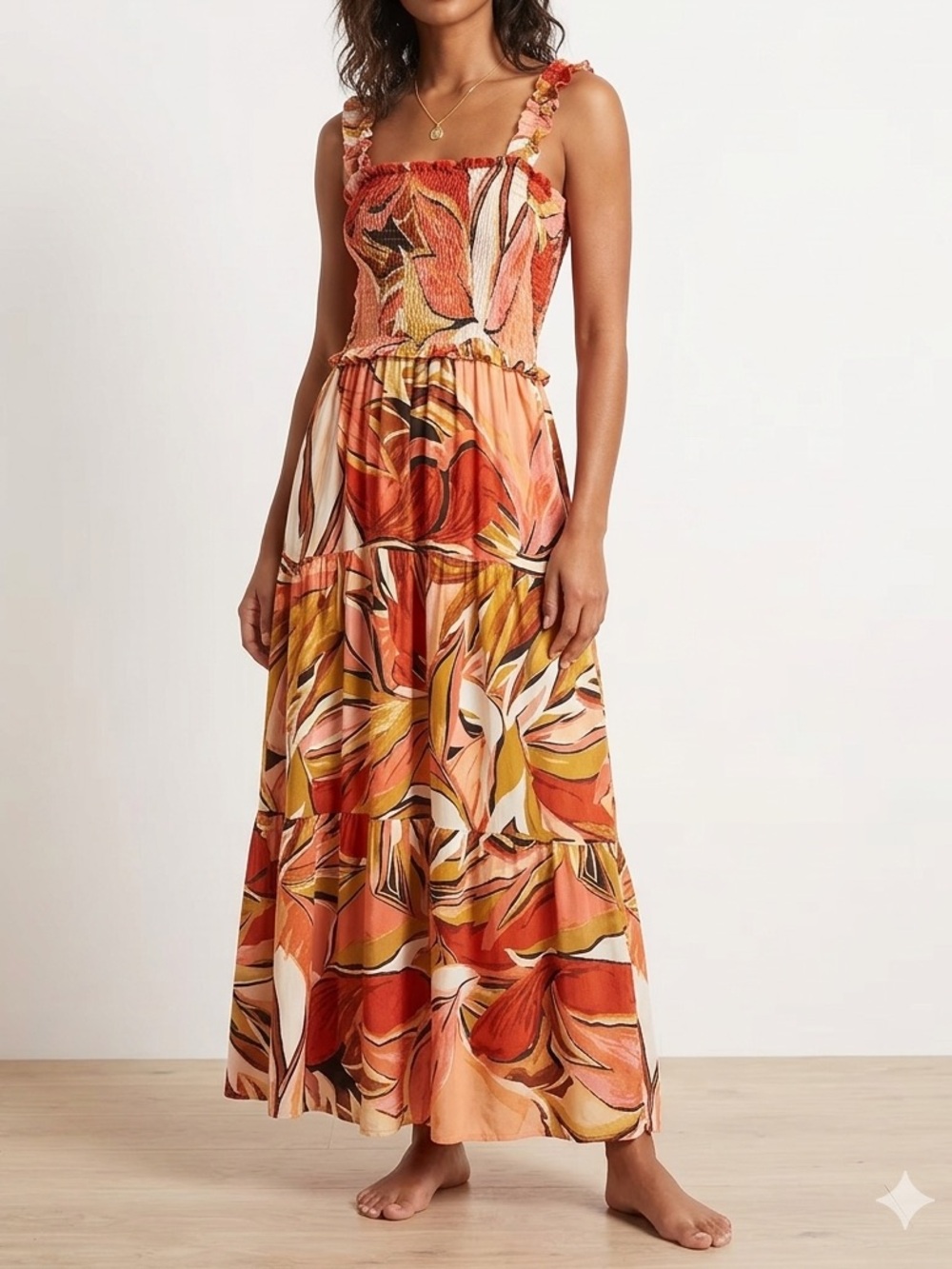 Jolie & Joy Orange Abstract Tropical Print Smocked Tiered Maxi Dress 🤩